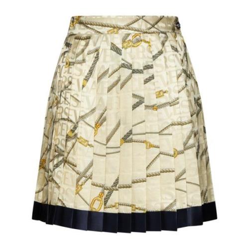 Versace Silke Logo Print Veckad Kjol Beige, Dam