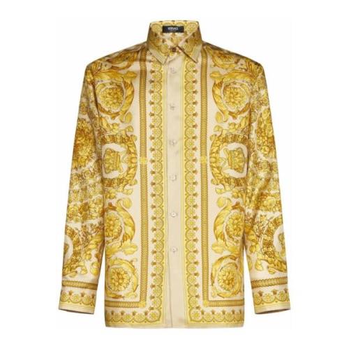 Versace Barocco Print Silk Satin Skjortor Beige, Herr