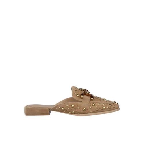 Alma EN Pena Studded Flat Mules Brown, Dam