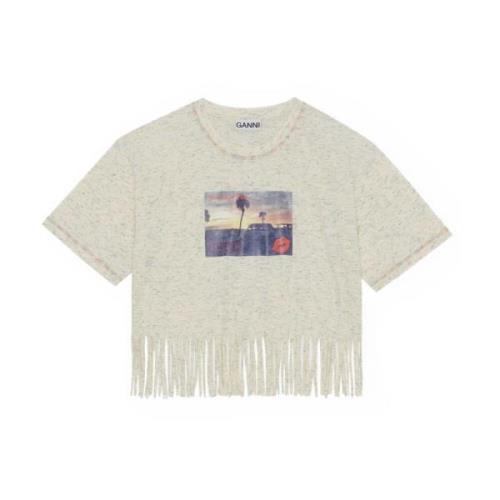 Ganni Fringe-Trim Bomull T-shirt White, Dam