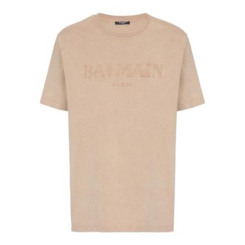 Balmain Lös T-shirt med vintage brodyr Beige, Herr