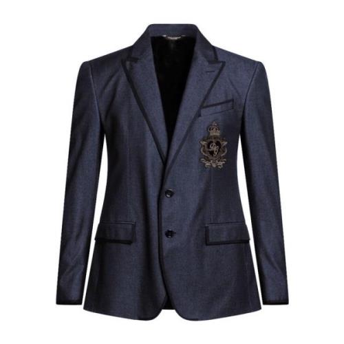 Dolce & Gabbana Blå Denim Silke Blazer med Rhinestones Blue, Herr