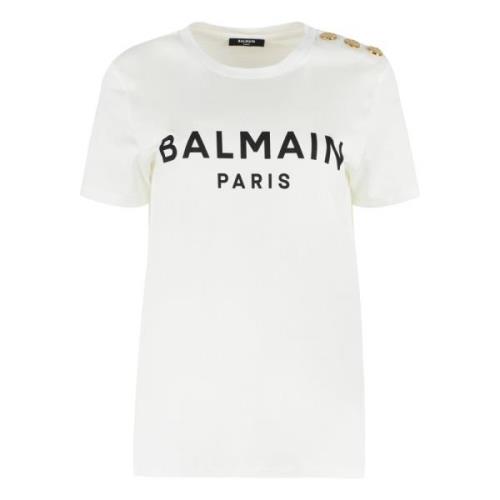 Balmain Bomulls Crew-Neck T-Shirt med Prydda Knappar White, Dam