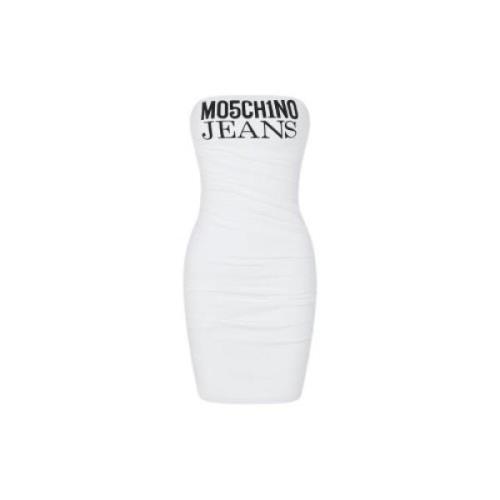 Moschino Kort Draperad Klänning Räfflade Axlar Logotyptryck White, Dam