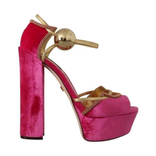 Dolce & Gabbana Sammet och Guld Lädersandaler med Rosa Kristaller Pink...