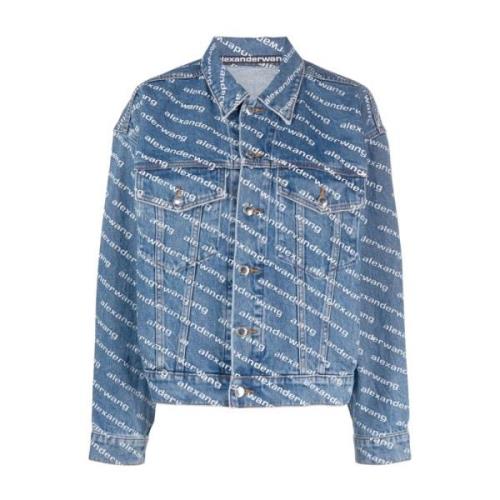 Alexander Wang Indigo Blå Denim Logo Print Jacka Blue, Dam