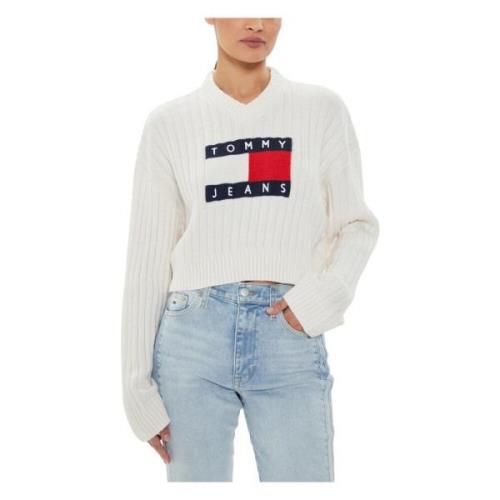 Tommy Hilfiger Vit V-ringad Stickad tröja med Tryck White, Dam