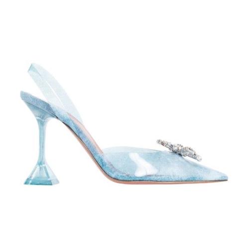 Amina Muaddi Kristall Brosch Denim Slingback Klackar Blue, Dam