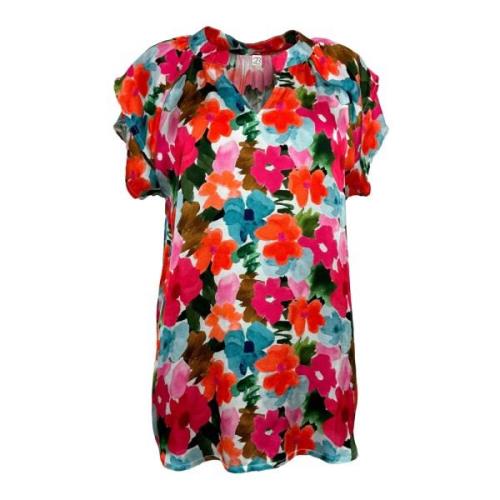 2-Biz Blomtryck Volangärm Blus Multicolor, Dam