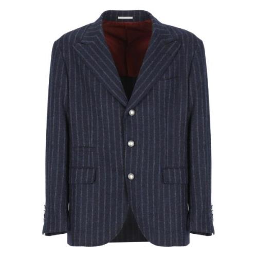 Brunello Cucinelli Blå Alpacka Ull Jacka Peak Revers Blue, Herr