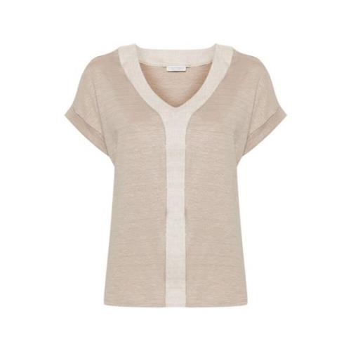 Le Tricot Perugia Pärlad Panel T-shirt Beige, Dam