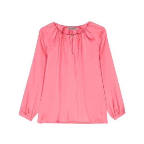 D.Exterior Satinblus med Rund Hals Pink, Dam