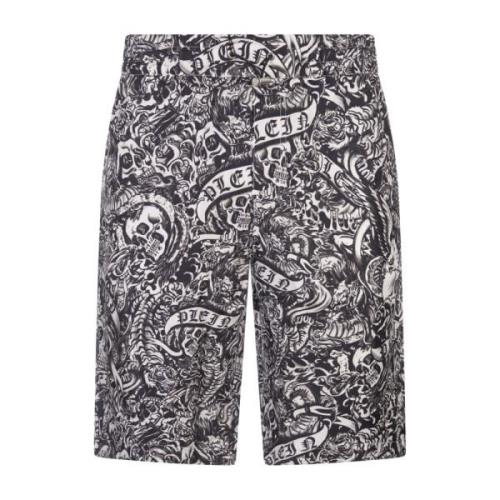 Philipp Plein Svarta Tatueringsmönster Silkes Shorts Black, Herr