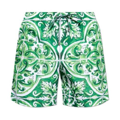 Dolce & Gabbana Badshorts med 'Majolica' tryck Green, Herr