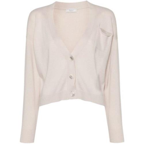 Peserico Pärlprydd Cardigan Stickat Design V-ringning Beige, Dam