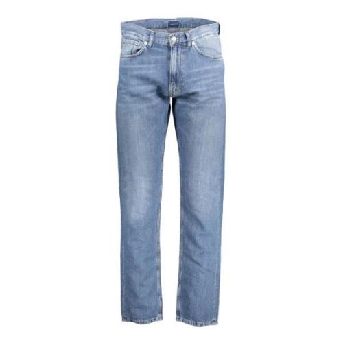 Gant Blå Bomulls Jeans Pant, Blekt Effekt, Logo Blue, Herr