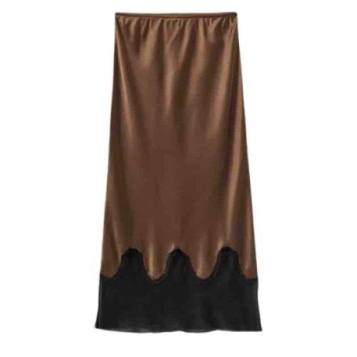 The Garment Bronze Silk Midi Kjol med Trim Brown, Dam