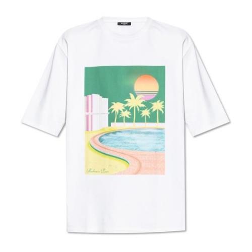 Balmain Tryckt T-shirt White, Herr