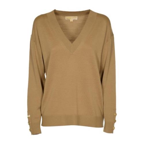 Michael Kors Merino V-Neck Button Sleeve Sweater Brown, Dam