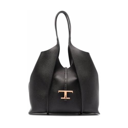 Tod's Svart Läder Logo-Plaque Tote Väska Black, Dam