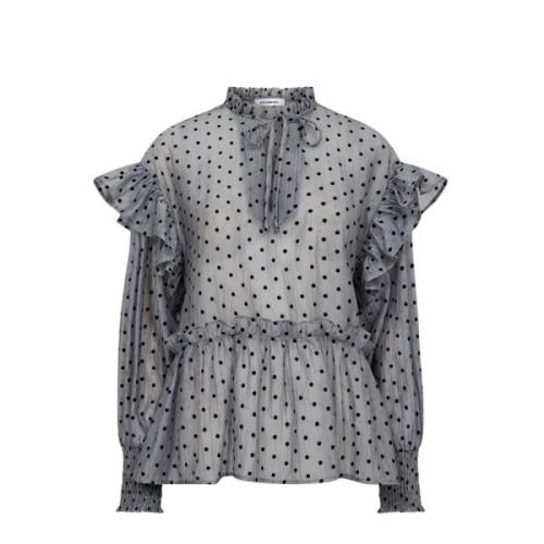 Co'Couture Polka Dot V-Frill Blus Ljusgrå Gray, Dam