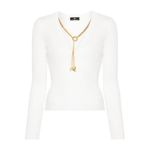 Elisabetta Franchi Vit Tröja med Halsband Ribbstickad White, Dam