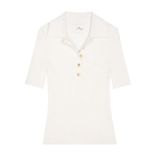 Courrèges Vit Ribbad Broderad Polotröja White, Dam