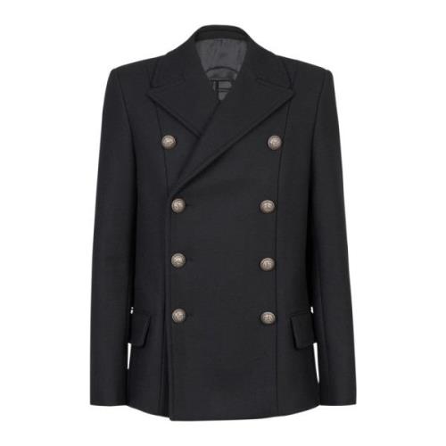 Balmain Ull pea coat med dubbelknäppt silverfärgad knäppning Black, He...