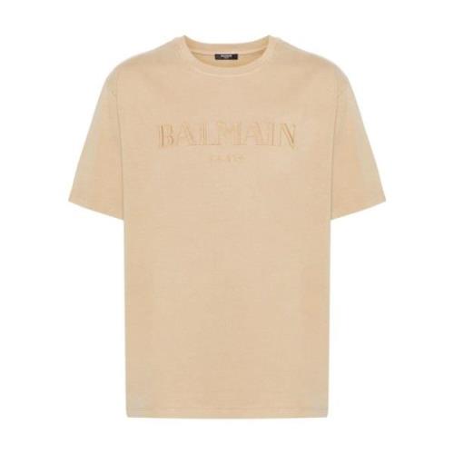 Balmain Beige Jersey Broderad Logotyp Rund Hals Beige, Herr