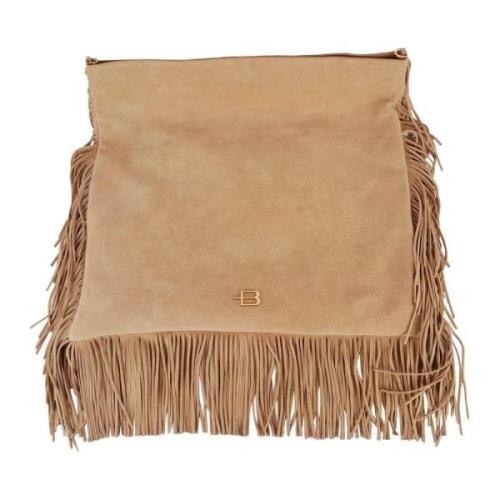 Baldinini Suede Fringed Axelväska med Dragkedja Beige, Dam