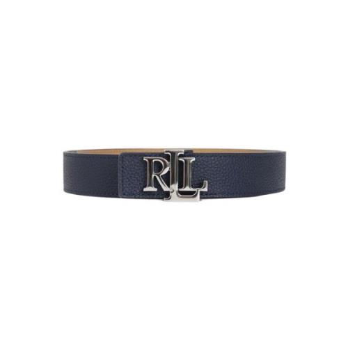 Ralph Lauren Blå Beige Reversibel Bälte med Monogram Plaque Blue, Dam