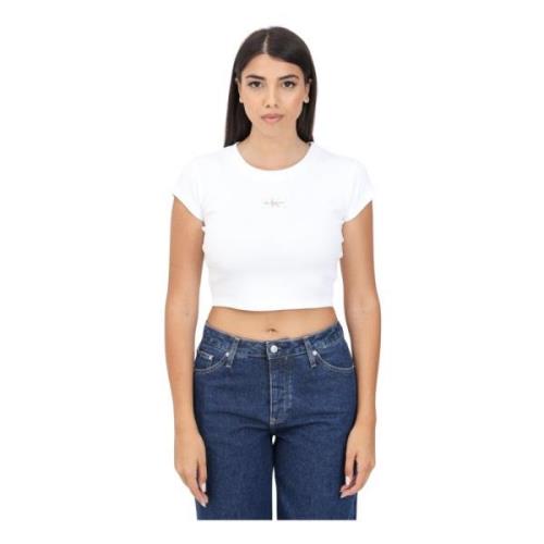 Calvin Klein Jeans Vit Ribbad Bomull T-shirt Logo Patch White, Dam