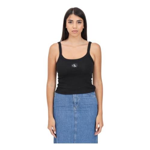 Calvin Klein Jeans Svart Ribbad Tanktop Logo Patch Black, Dam