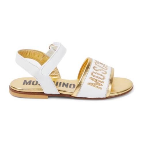 Moschino Låg Lädersandal med Logotyp och Strass White, Dam