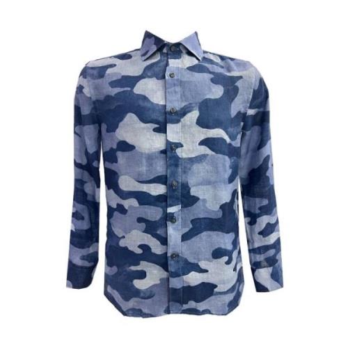 120% Lino Herr Camouflage Slim Fit Skjorta Blue, Herr