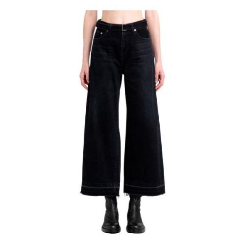 Sacai Svarttvättad Denim Högmidjade Wide Leg Byxor Black, Dam