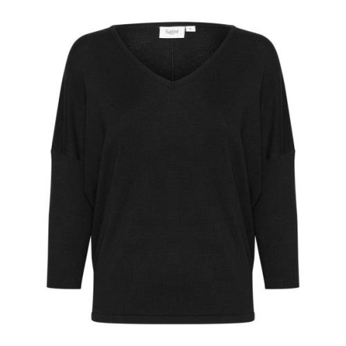 Saint Tropez V-ringad Stickad Pullover Lättviktskvalitet Black, Dam