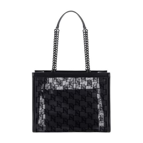 Elisabetta Franchi Svart Mesh Shopper Väska med Flock Detalj Black, Da...