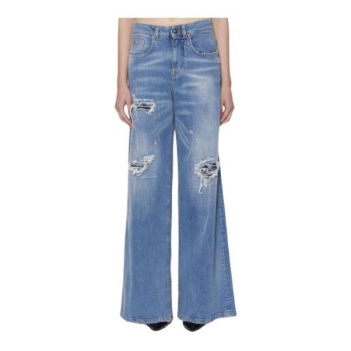 John Richmond Medium Rise Distressed Wide Leg Jeans Blue, Dam