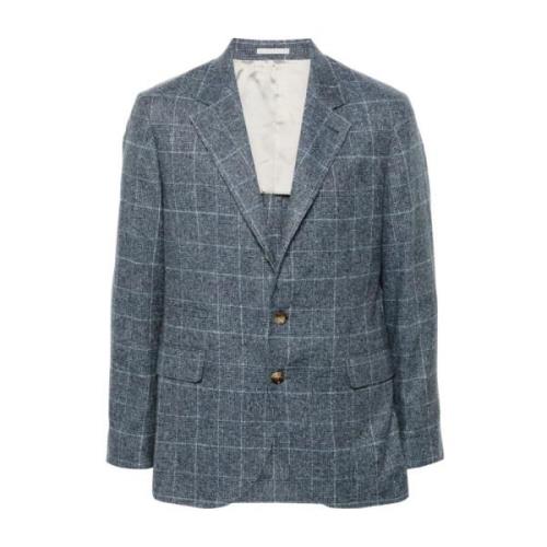 Brunello Cucinelli Rutig Blazer Med Kavajslag Långärmad Blue, Herr