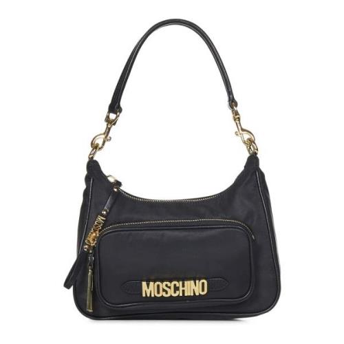 Moschino Svart Nylon Axelväska med Metalllogo Black, Dam