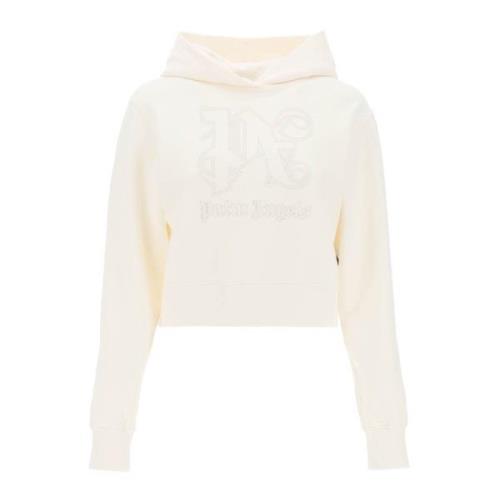 Palm Angels Monogram Cropped Hoodie French Terry Brodyr White, Dam