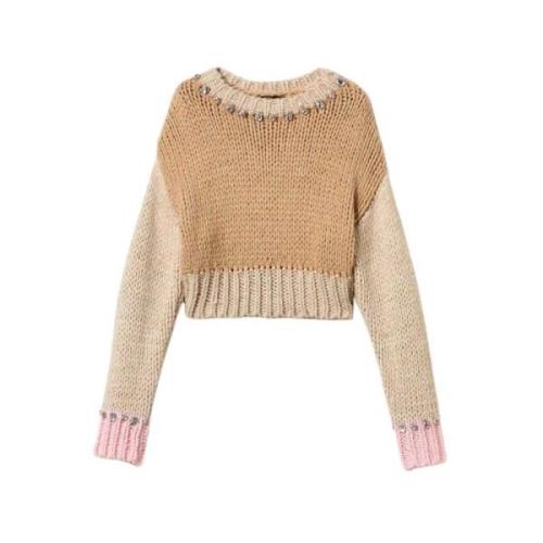 Twinset Mjuk Stickad Tröja med Handbroderade Detaljer Beige, Dam