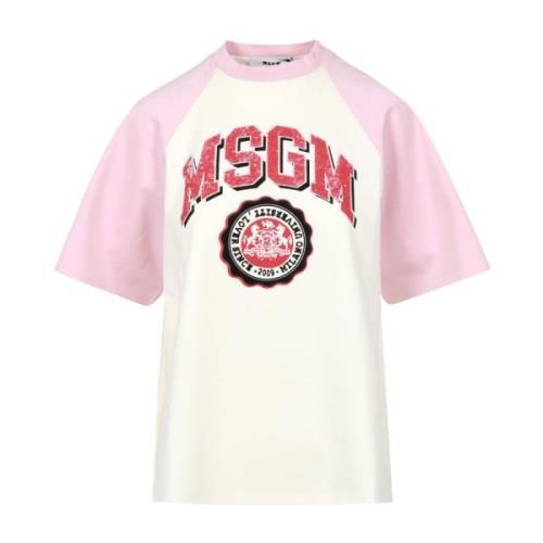 Msgm College Style Bomull Jersey Rund Hals Pink, Dam