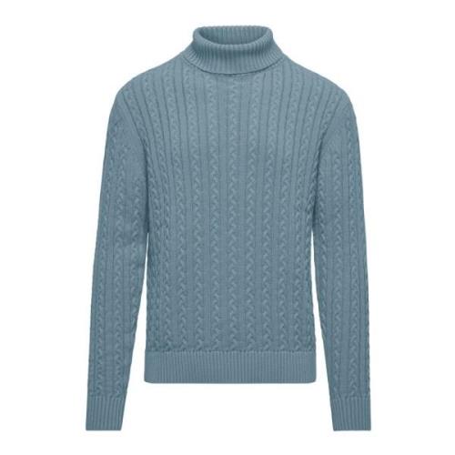 BomBoogie Varm Bomull Cable Stickad Mock Neck Tröja Blue, Herr