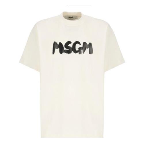 Msgm Herr Ivory Bomull T-shirt med Tryck Beige, Herr