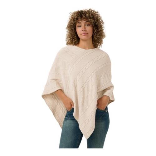 Cream Oversize Stickad Poncho med Fint Mönster Beige, Dam