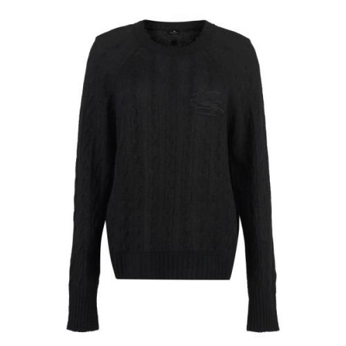 Etro Cashmere Kabelstickad Crewneck Tröja Black, Dam