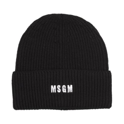 Msgm Svart Ribbstickad Mössa med Logotyp Black, Dam