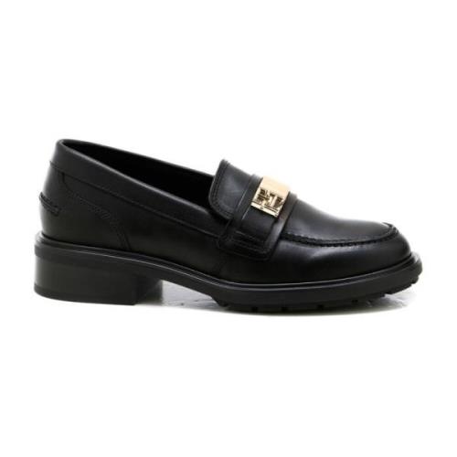 Tommy Hilfiger Svart Läderloafer med Guldlogotyp Black, Dam